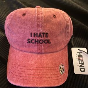 Red denim hat with black “I hate School”